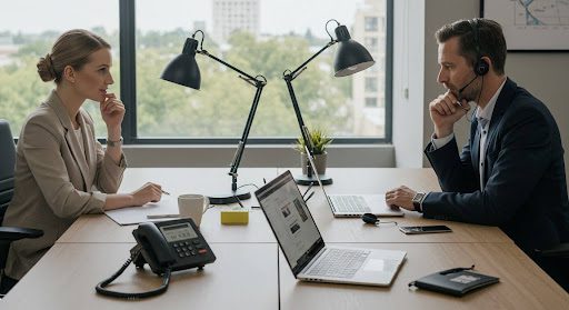 2 Professionals Sitting at a desk with laptops & a IP deskphone