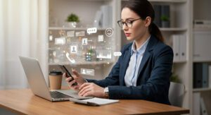 Business Woman at Desk with Laptop & Cellphone