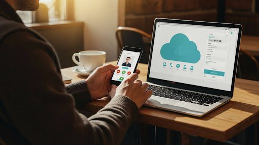 Person at desk with Laptop and cellphone on a call